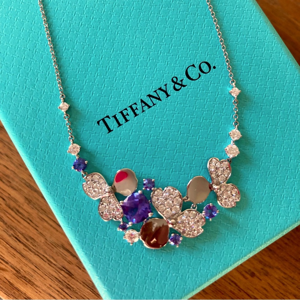 Authentic Tiffany & Co Platinum Diamond Paper Flowers Cluster Pendant Necklace